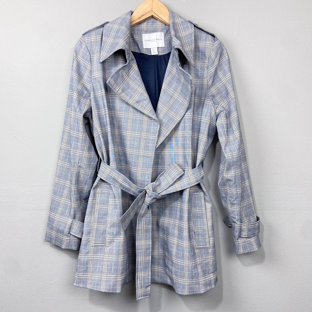 Carolina Belle Plaid Trench Coat Size L Belted Lightweight Blue‎ Preppy Academia